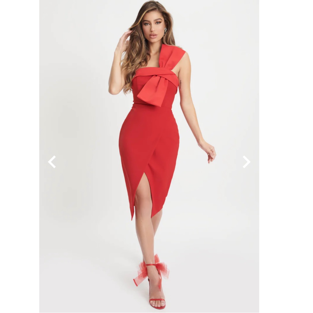 Stunning Lavish Alice Emily Bandeau Bow Detail Wrap Midi Dress In Red